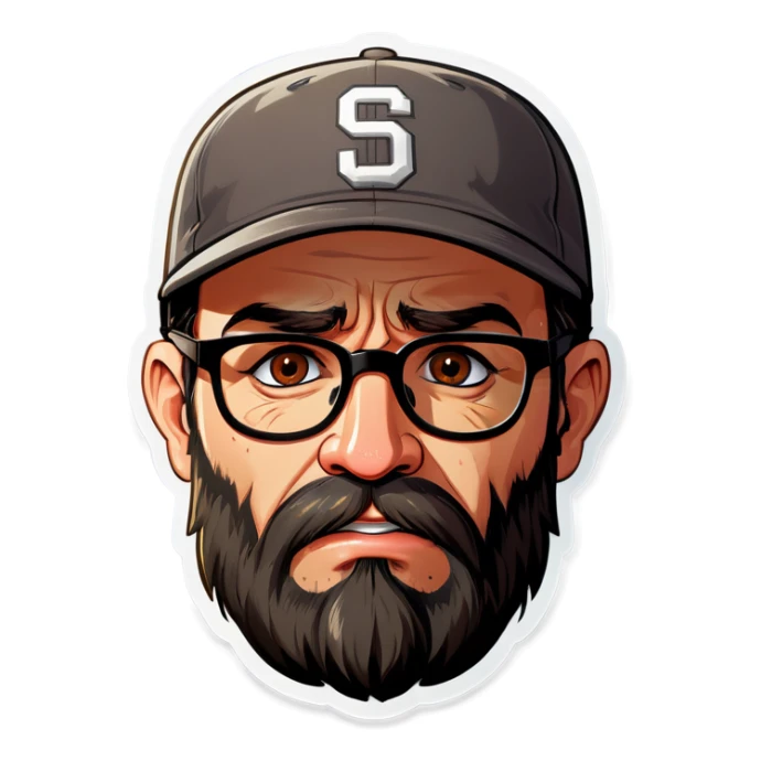 A man with a grey baseball cap, hazel eyes, big dark brown beard and glasses, crying sticker