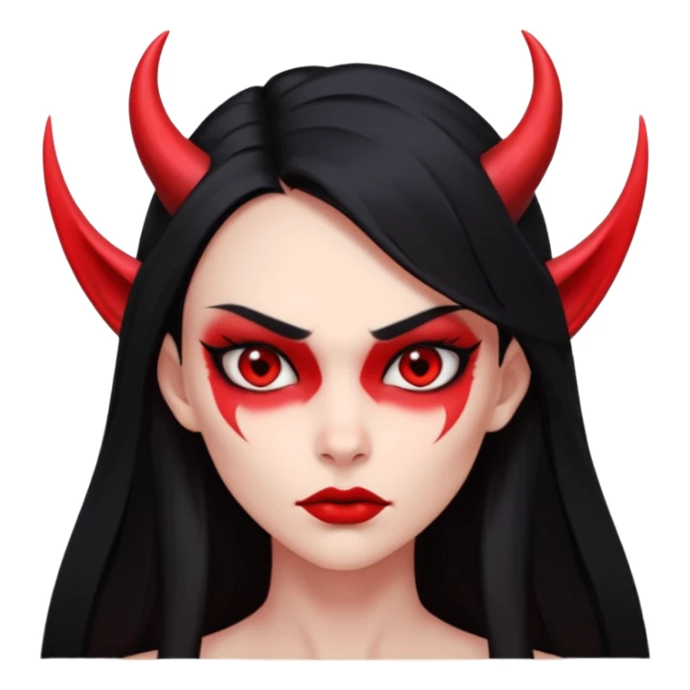 Head only demon girl, strong pronounced cheekbones, sharp angular jawline, skin fully pure red everywhere, long straight sleek black hair, small ho sticker