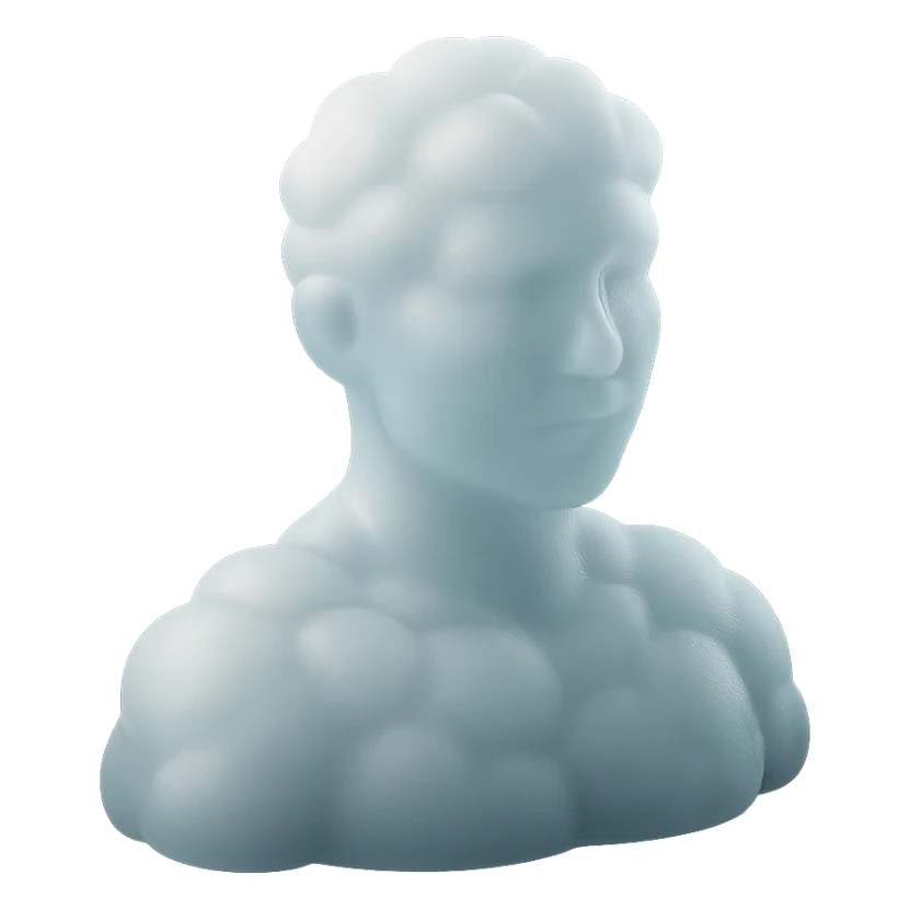 person looking straight, fully made of white fluffy convex clouds, shoulders up, matte glass style sticker