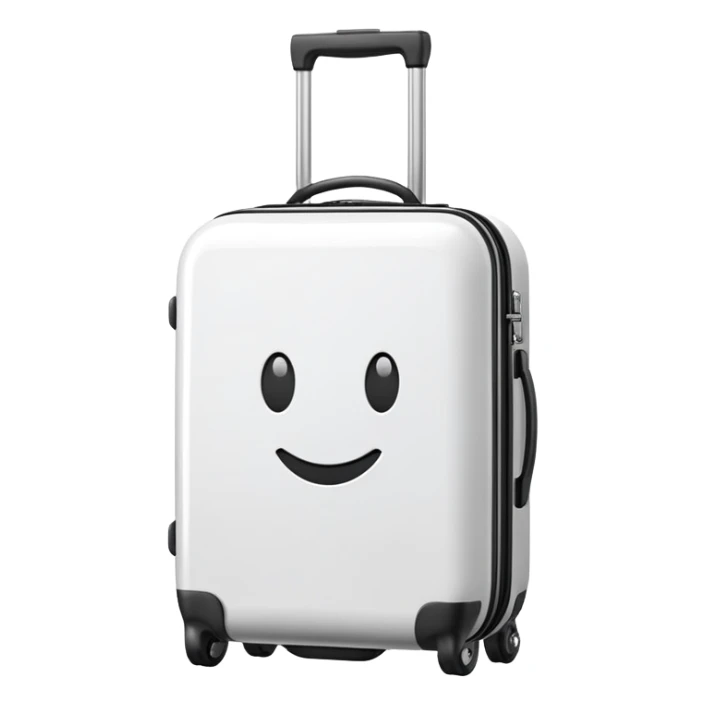 White rolling suitcase in classic emoji style, simple cartoon-like appearance, glossy rounded shape sticker