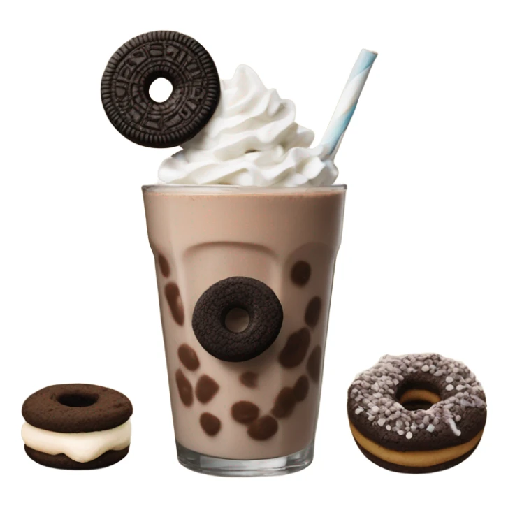 a chocolate oreo shake topped with a chocolate donut hole, chocolate marshmallow, and chocolate chip cookie sticker