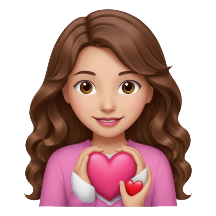 girl with long wavy brown hair, brown eyes, light to medium complexion, in a pink shirt, pink lips, long lashes, smiling, hugging a heart sticker