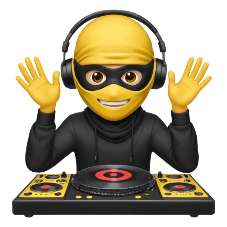 Make a customized yellow head emoji with hands and holding a dj turn table  in a ninja face mask sticker