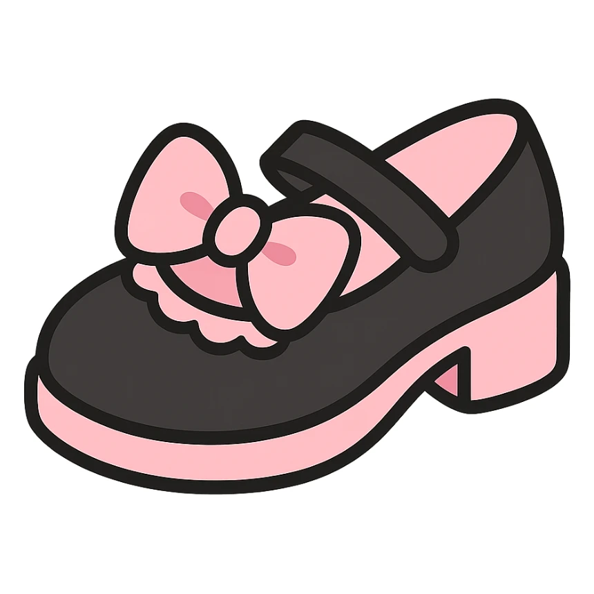 Refine the kawaii BLACKPINK-inspired gothic shoes by adding a large cute bow as the main motif, keeping the scalloped edge detail. Emphasize the black and pink color contrast, playful and stylish, no hearts, transparent background. sticker