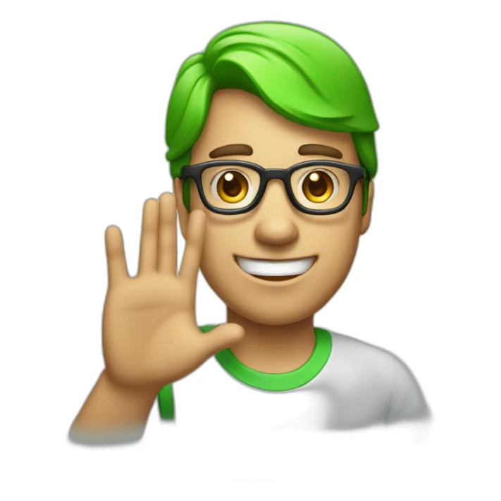 a man, green rubies on his head, waving hello, wearing glasses sticker