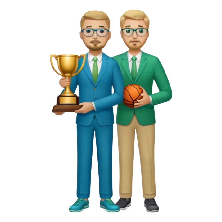 Full Body white plus size man  wearing glasses with a goatee with dirty blond short hair basketball head Coach in blue and green suit holding trophy sticker
