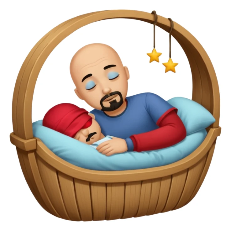 a bald, tan man who has a black goatee sleeping in a cradle sticker