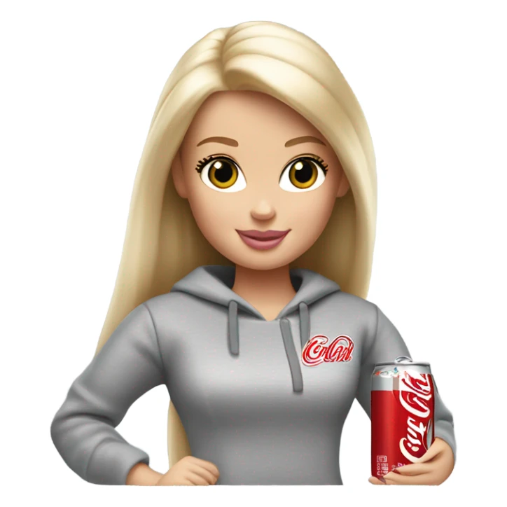 Blonde Barbie wearing light gray sweatshirt, holding a Diet Coke  sticker