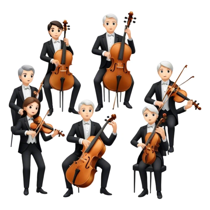 Icon for Classical Music: symphonic orchestra with musicians playing violins, cellos, flutes, and a conductor leading the ensemble. A grand, elegant vibe. Transparent background. sticker