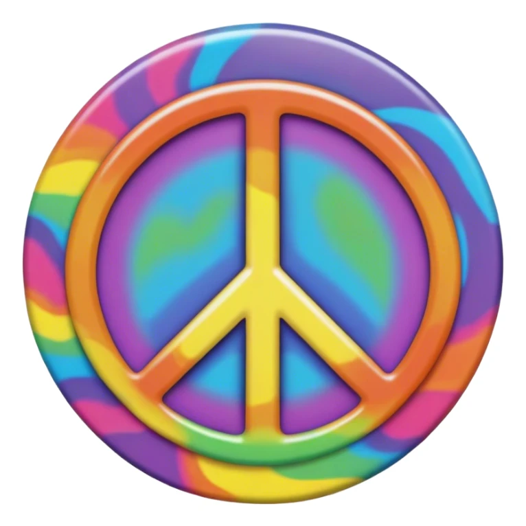 A round psychedelic colored button with the word “peace” in the center sticker