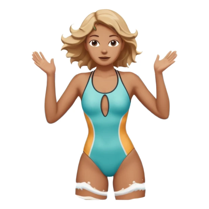 woman standing in the ocean with visible waves around her, medium shot showing upper body and surrounding water, waves clearly rising and splashing, dynamic sea motion, confident expression, 3D cartoon style, mobile game icon style, clean composition, no text, no watermark
  sticker