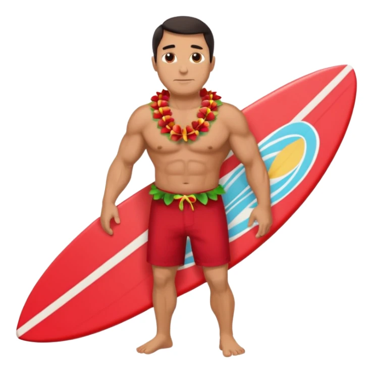 Dark-haired tan muscular 50 year old man with red shorts and shell lei surfing sticker