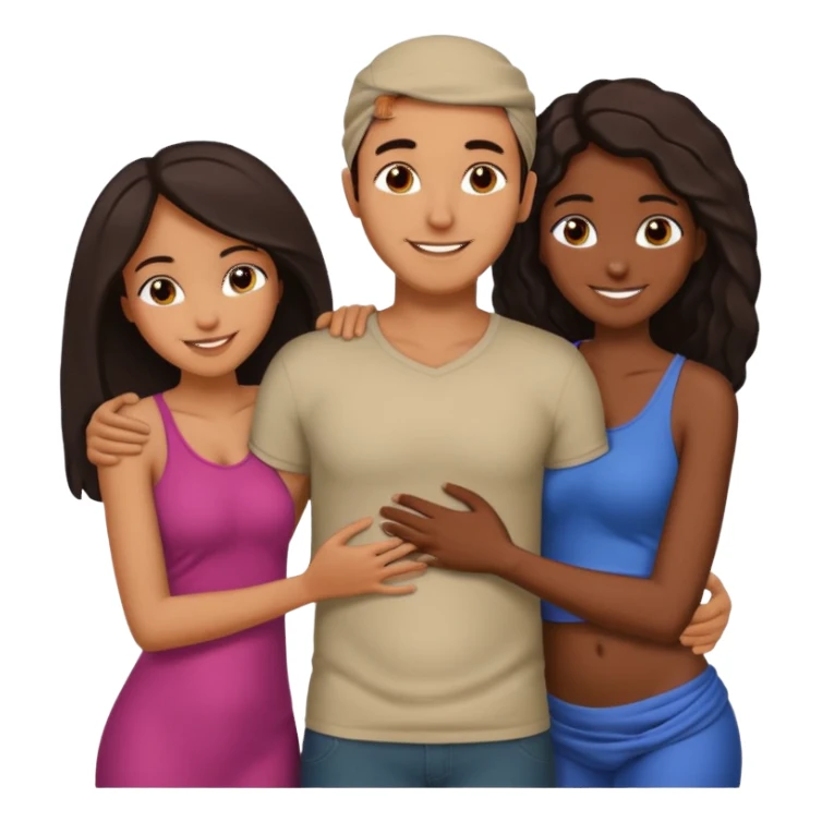 middle Eastern man with two African girlfriends he is 5 inches taller than them. They are rubbing his chest and holding each other breasts and he has his arms wrapped around them around their waist on their butts. sticker