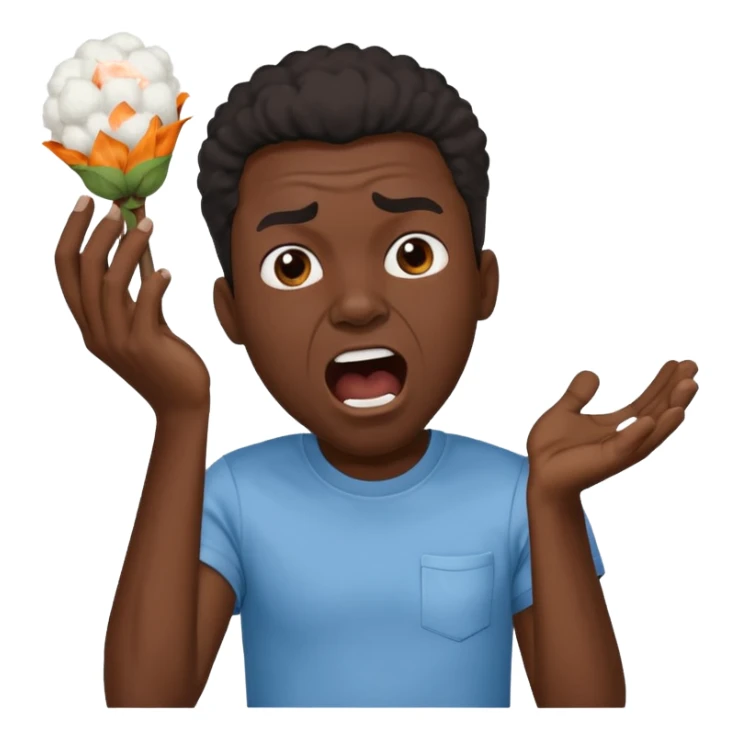Black man screaming, holding cotton in his hand, expressive face, clear cotton detail sticker