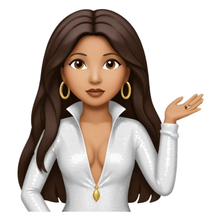 Toni Braxton with long dark brown hair, white sequin outfit sticker