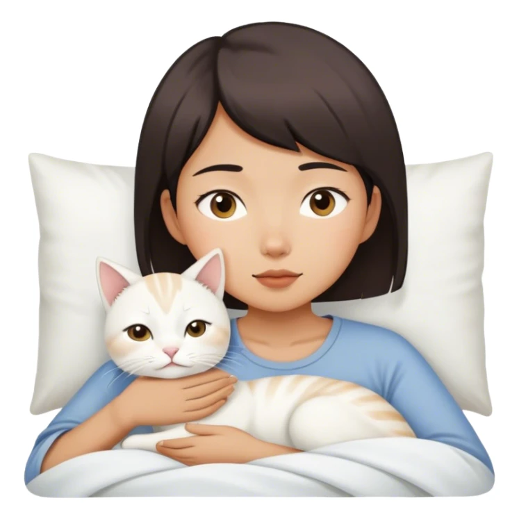 Short hair Asian girl wake up with white cat  sticker