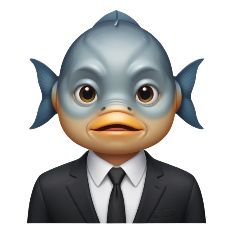 A fish man dressed in a black suit. Its face is grey fish. Just a fish. And The fish is facing upward. The fish’s neck connects smoothly with the collar of the suit. sticker
