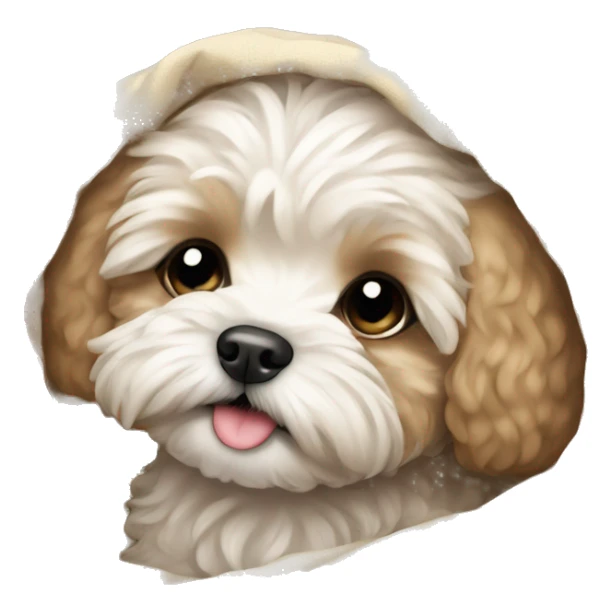  crying maltipoo puppy in blanket cuddled up sticker