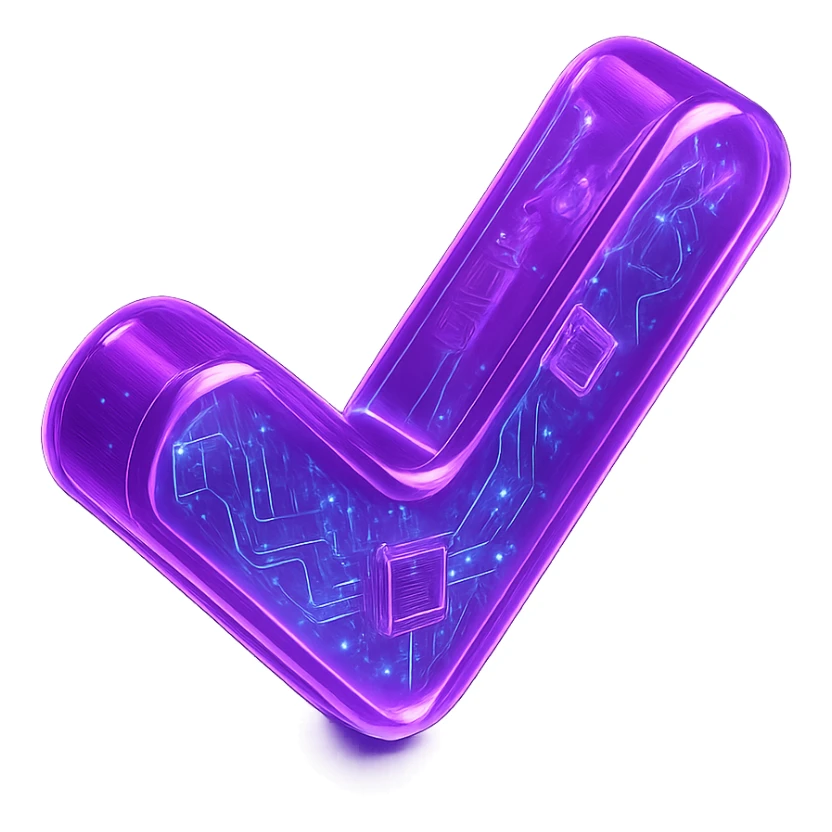 A glowing neon purple cyberpunk style checkmark icon with a holographic pattern, futuristic design sticker