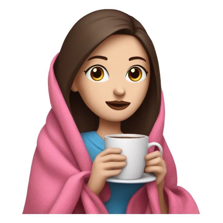 Woman with pale skin, blue eyes, and dark brown here drinking coffee while wrapped in a pink blanket sticker