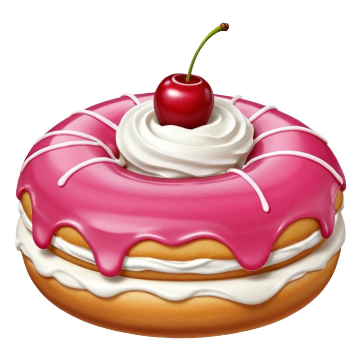 Round donut with smooth pink icing and thin white drizzle lines, golden-brown dough visible on the sides.
White whipped cream dollop in the center topped with a glossy red cherry and stem, clean studio lighting, pure white background, realistic minimal emoji-style. sticker