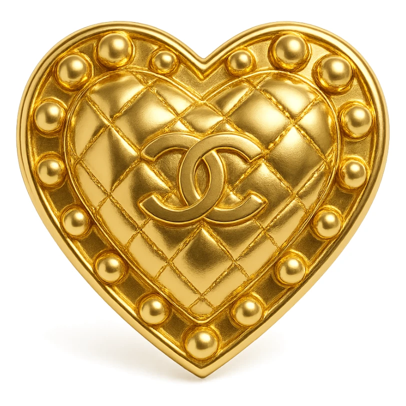 Chanel heart in metallic gold style with a quilted pattern and pearls, luxury fashion vibe sticker