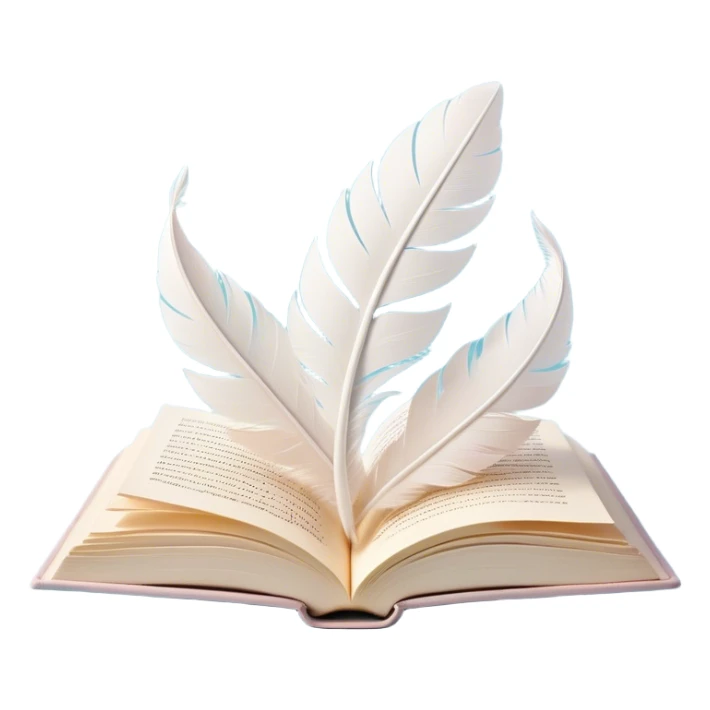 Create a delicate and poetic emoji representing poetry. The design should feature several elegantly flying pages with short poetic columns written on them. The pages should appear light and flowing, almost as if being carried by the wind. Include a white feather gently resting on the pages, symbolizing creativity and inspiration. Use soft, pastel tones to give it a dreamy, artistic feel. The design should feel ethereal and whimsical, capturing the essence of poetry. Make the background transparent. sticker