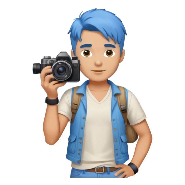 blue hair full body handsome man with camera and beach outfit  standing sticker
