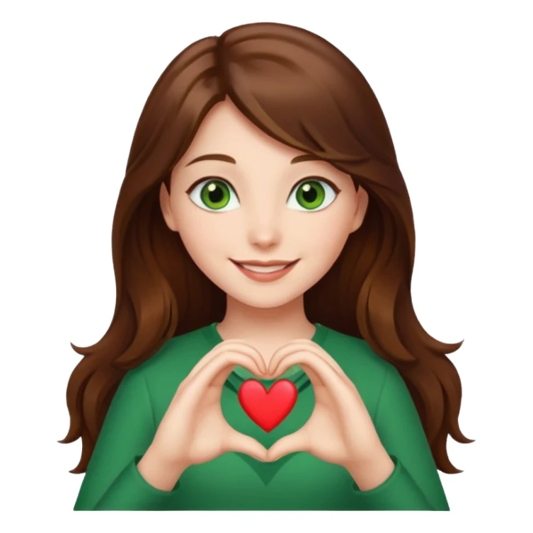 Girl green eyes brown long hair doing hands heart sticker
