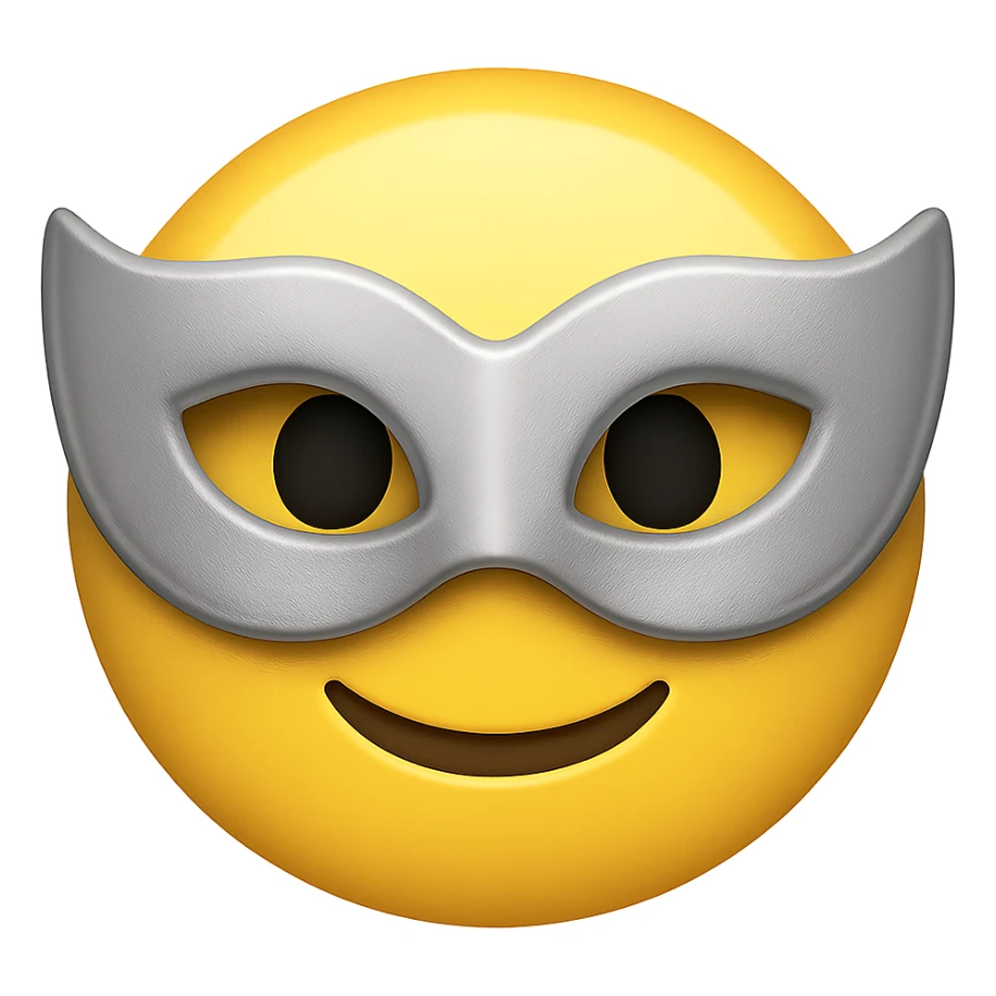 yellow face with silver masquerade mask, digital illustration, emoji style, no background sticker