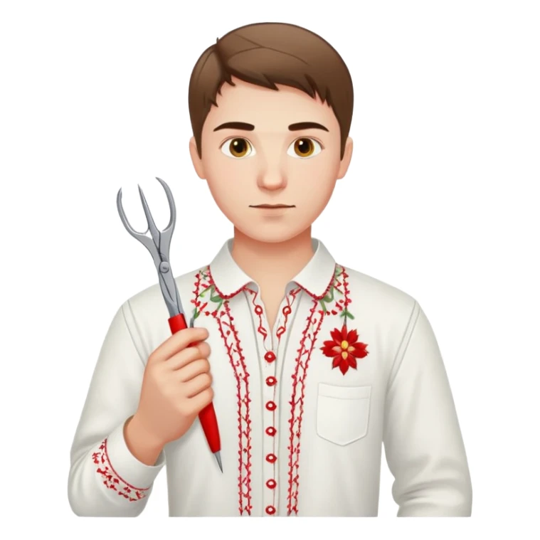 Ukrainian young man in a white embroidered traditional shirt holding a red thread with a needle and pliers sticker