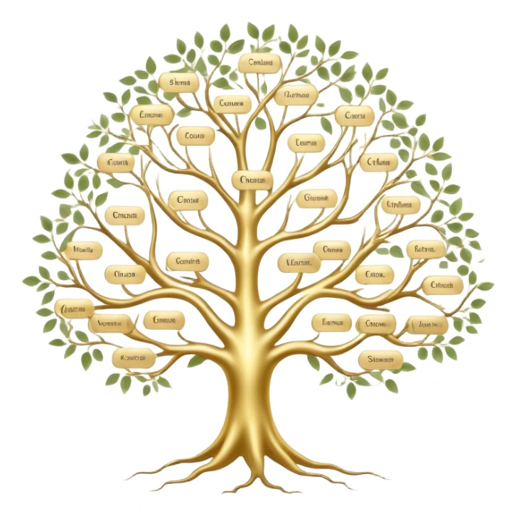 Tree of ancestral connections with ethereal, flowing branches linking generations, dreamy translucent family tree sticker