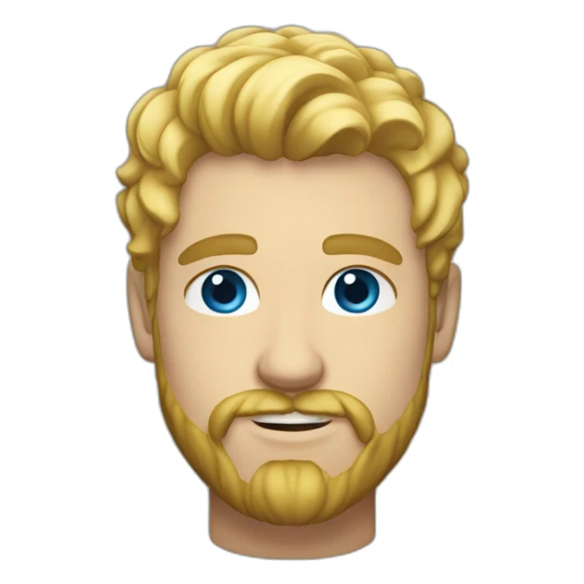 A 27-year-old man with blond hair, blue eyes, beard and mustache sticker