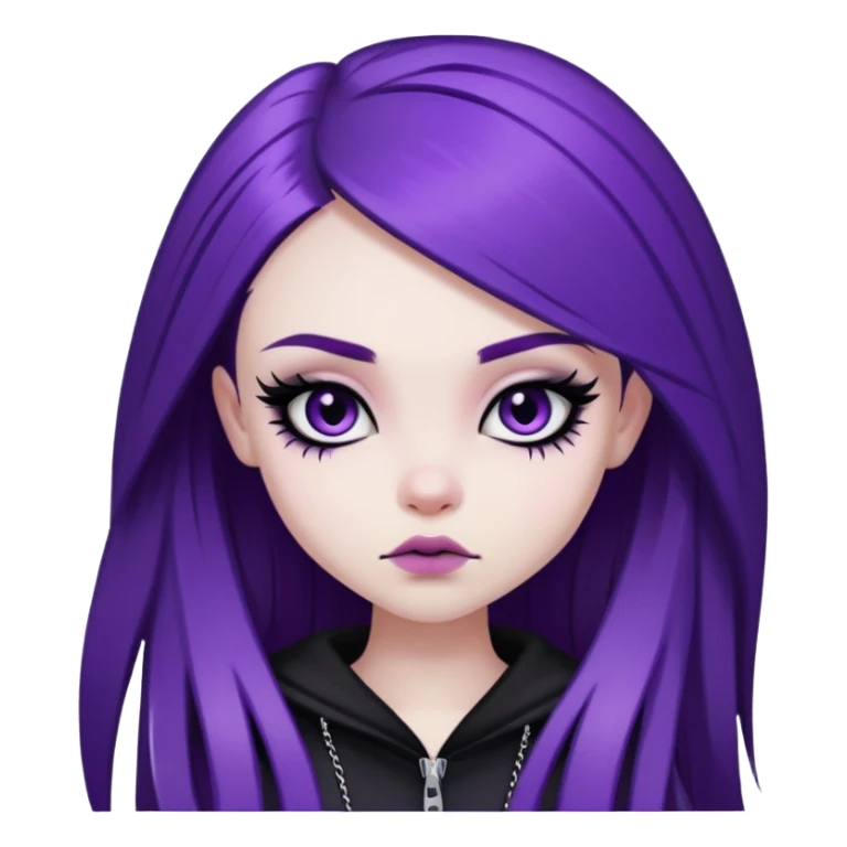 emo alternativ purple long hair, pale skin,  dark iris, pretty bratz baddie, strong black eyeliner sticker