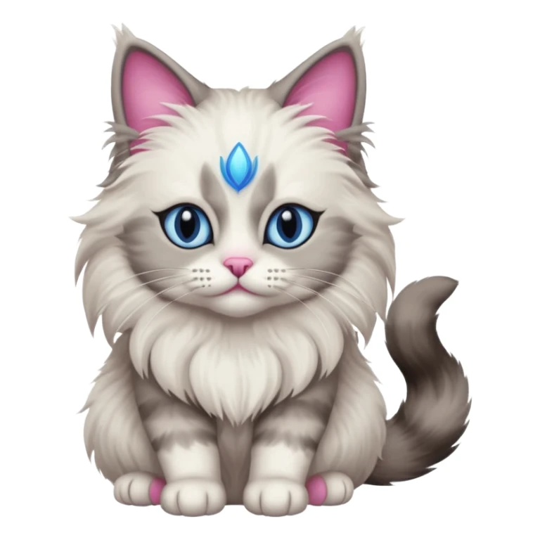 Neva masquerade cat, very fluffy, gray and white, blue eyes and pink nose sticker