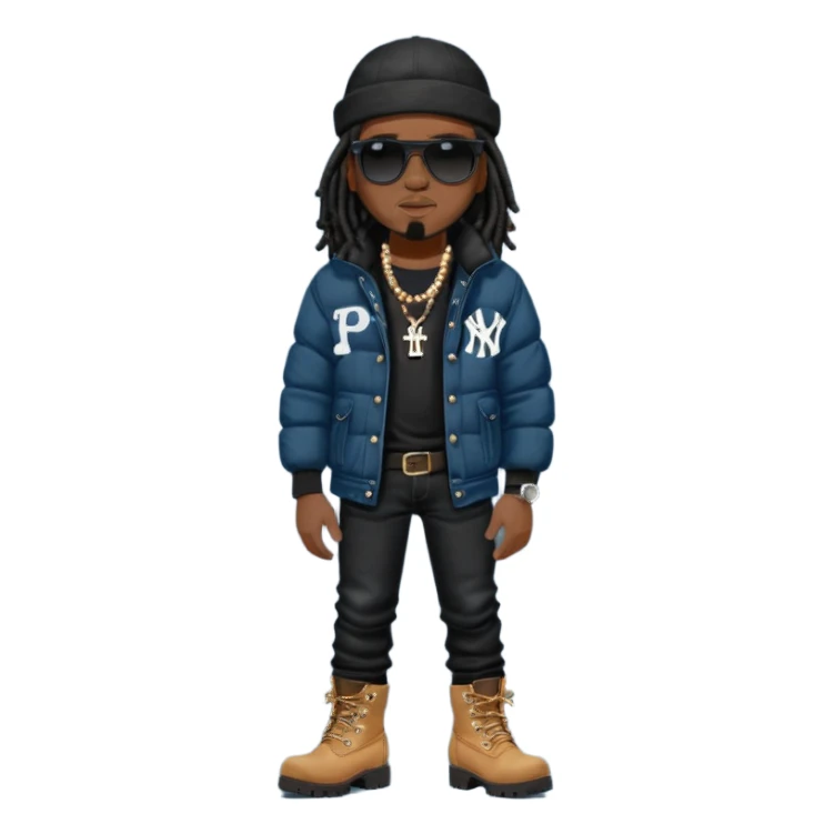 African American man with shoulder length black dreadlocks with black bead wearing black sunglasses with wearing denim skinny jeans wearing black bubble winter coat wearing black New York Yankees baseball hat and  timberland boots with arms folded sticker