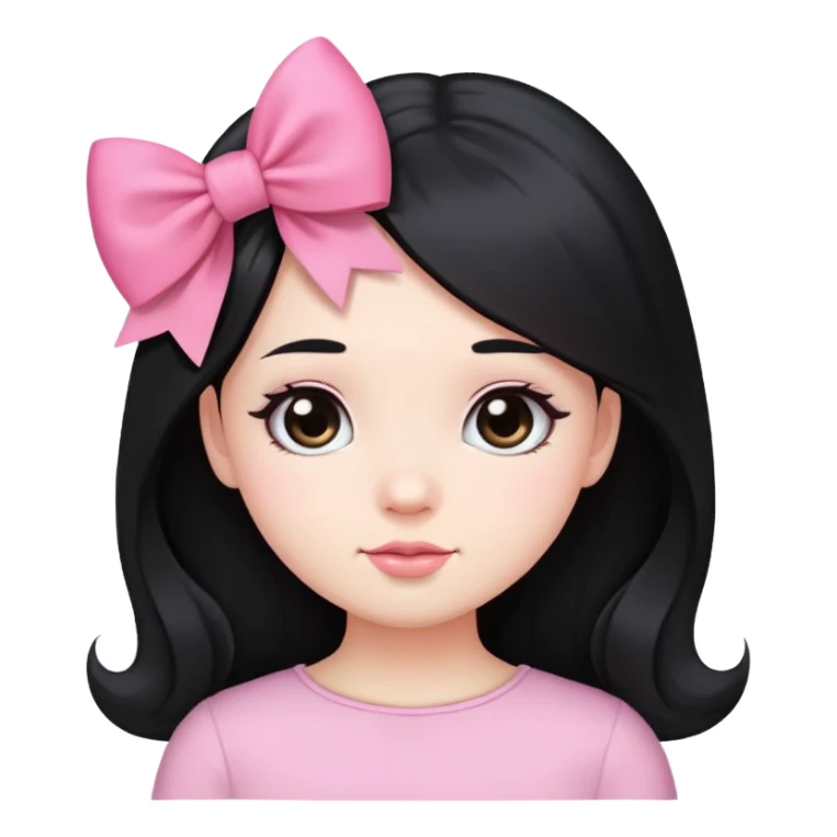 cute round face with long black hair and pink bow on the side sticker