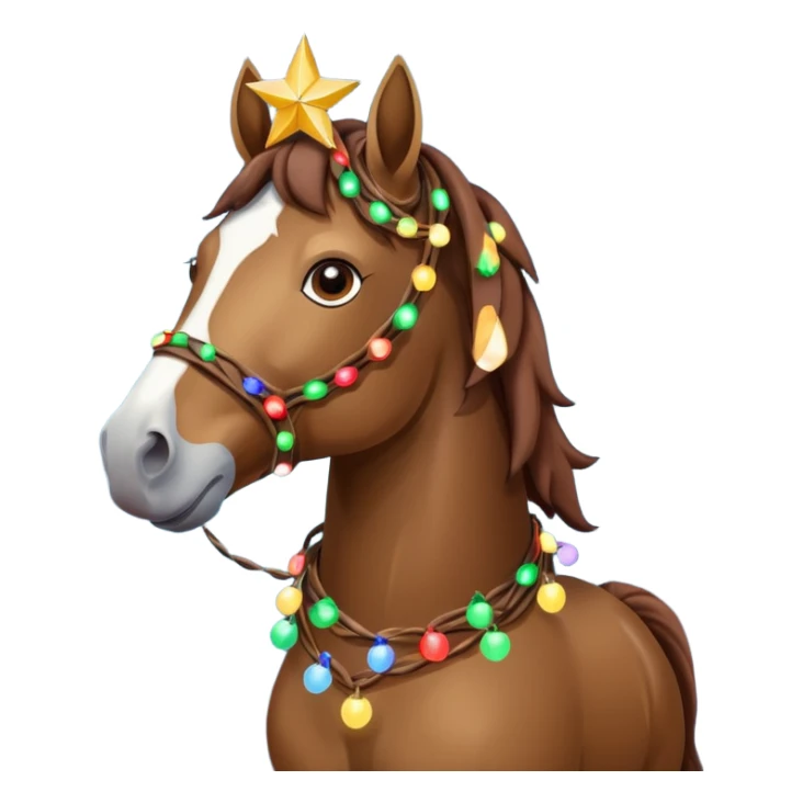 Horse rapped in Christmas lights with star on head sticker