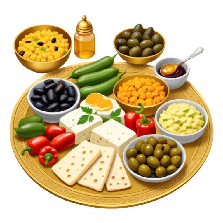 A beautifully arranged Middle Eastern breakfast spread, served in elegant golden plates., cucumbers, and bell peppers, along with olives, dates, and cheeses. There are also classic breakfast staples like scrambled eggs, cold cuts, honey, jam, and creamy cheeses.  sticker