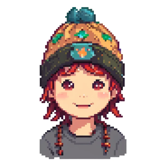 Transform this character into pixel art style, streamer wearing a Kaytan beanie, joyful expression, transparent background, keep the facial resemblance from the photo. sticker
