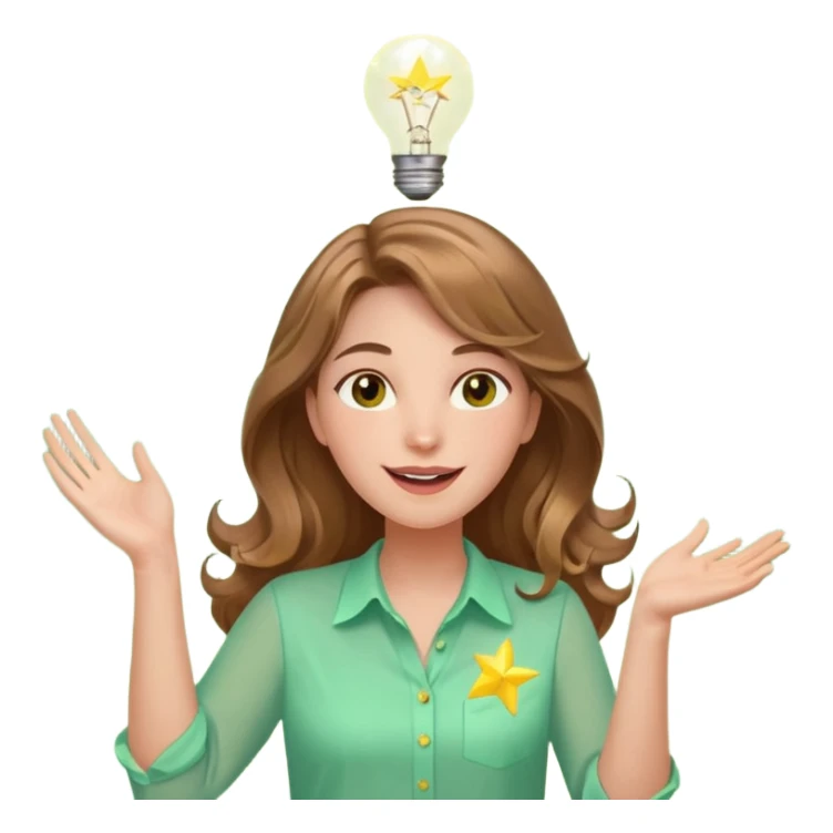 Joyful and imaginative woman with fair skin, long wavy light brown hair, hazel eyes, wearing a light green blouse with yellow accents, holding a glowing lightbulb and gesturing outward. Surrounded by stars, sparkles, speech bubbles, a paper plane, and a small heart. Waist-up, front-facing sticker
