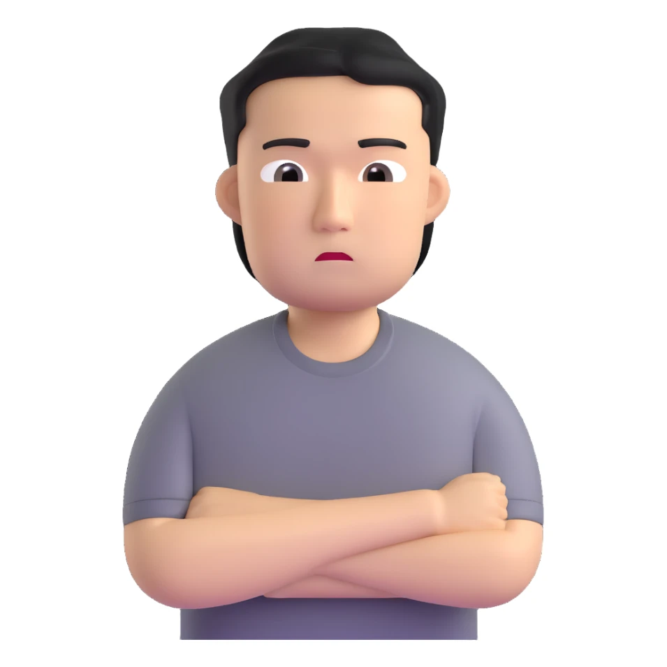 Asian man in a gray shirt with a frown sticker