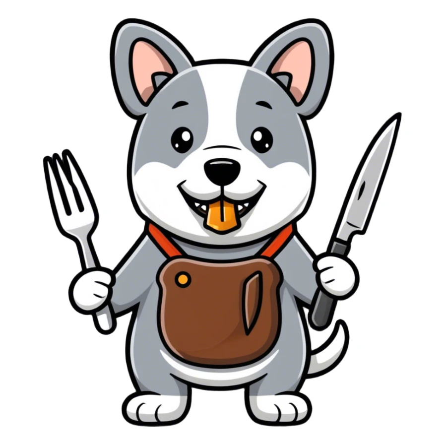 Dog eating a steak with knife and fork sticker