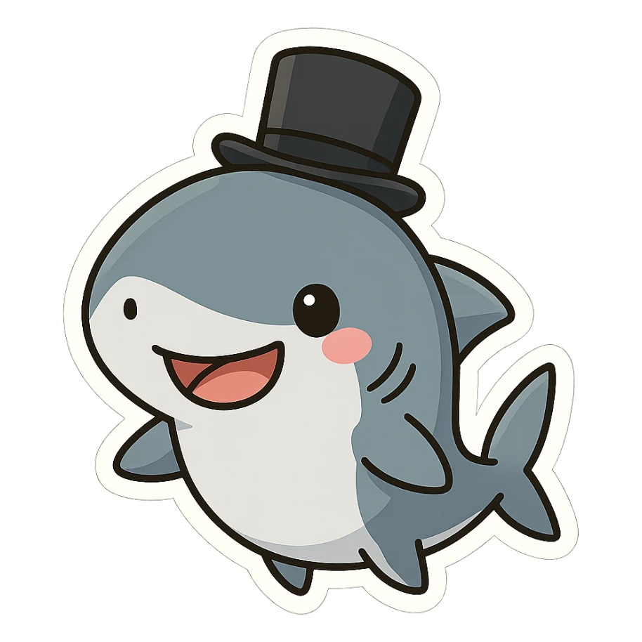 a cute cartoon shark with a black top hat, smiling sticker