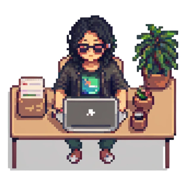 Asian freelancer with black hair and sunglasses, working at a laptop, pixel art style sticker