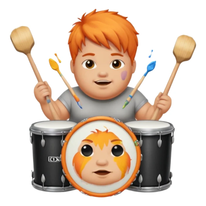 A chubby orange hair fan pounding a bass drum, cheeks puffing with energy with paints on his cheeks sticker