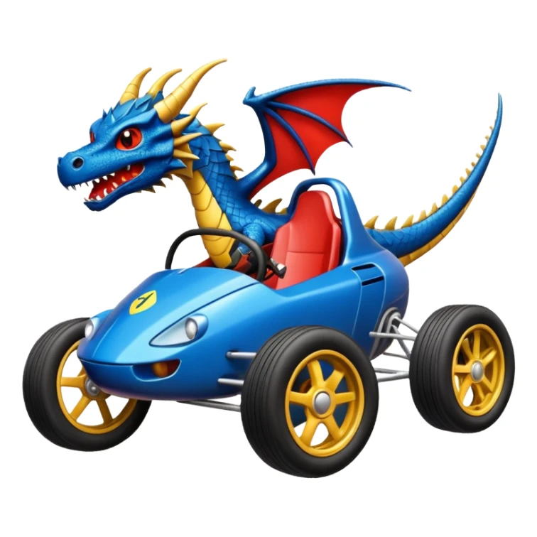 Special air-cooled three cylinder race car whose frame and suspension is made of shopping cart material with a large gas tank, and rear spoiler, is being professionally steered/driven by a small dark dragon  sticker