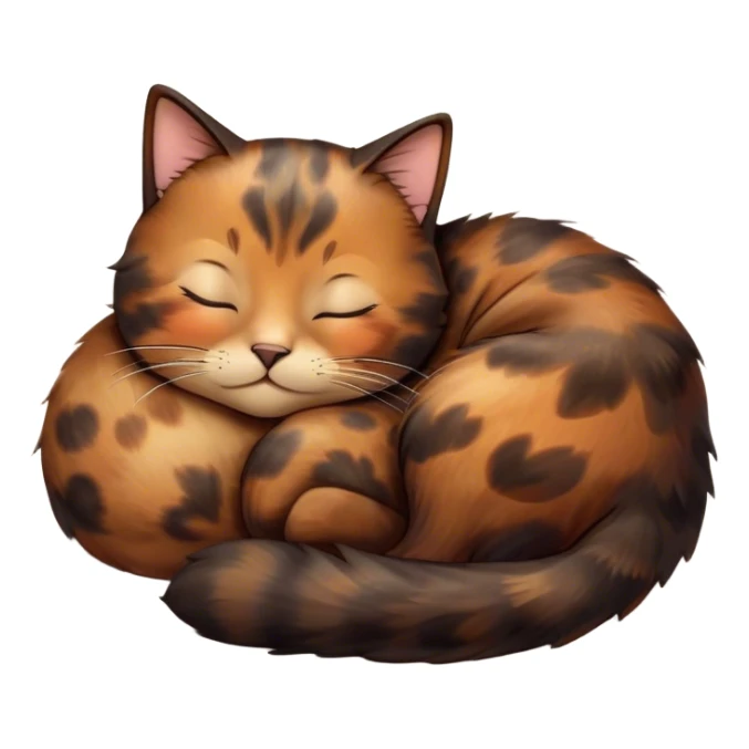 Meme-Worthy Cute Sleeping Tortoiseshell Cat Portrait Emoji, Head resting with a serene, sleepy smile and softly closed, dreamy eyes, showcasing a warm, mottled fur of rich browns and blacks, simplified yet adorably detailed, glowing with a gentle, drowsy radiance, high shine, exuding relaxed, heart-melting charm, styled with a soft glowing outline, capturing the essence of a sleeping tortoiseshell cat that radiates pure, peaceful cuteness! sticker