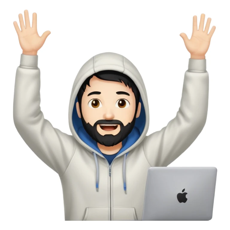 male coder with black hair, beard, and white skin, wearing a hoodie, excitedly raising arms in celebration after solving a coding problem, computer in front of him sticker