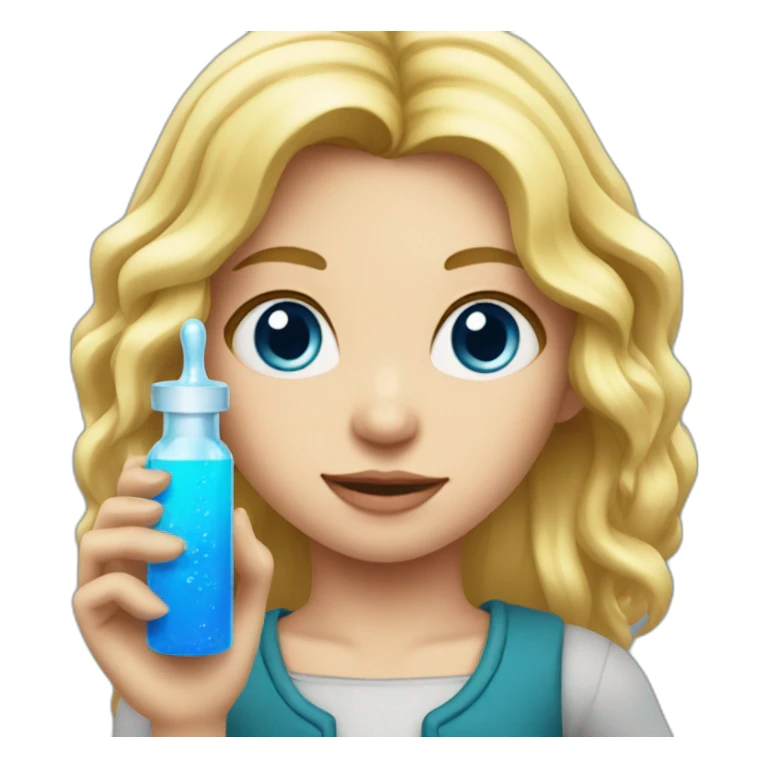 Girl with blond hair and blue eye take red vial sticker
